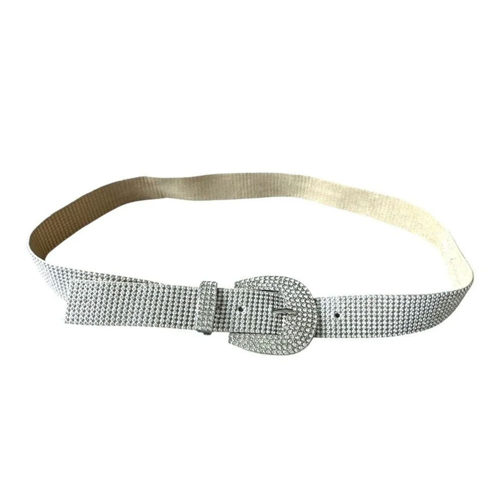 Vintage Y2K Rhinestone Belt Silver Crystal Western Bling Glam M/L Faux Suede